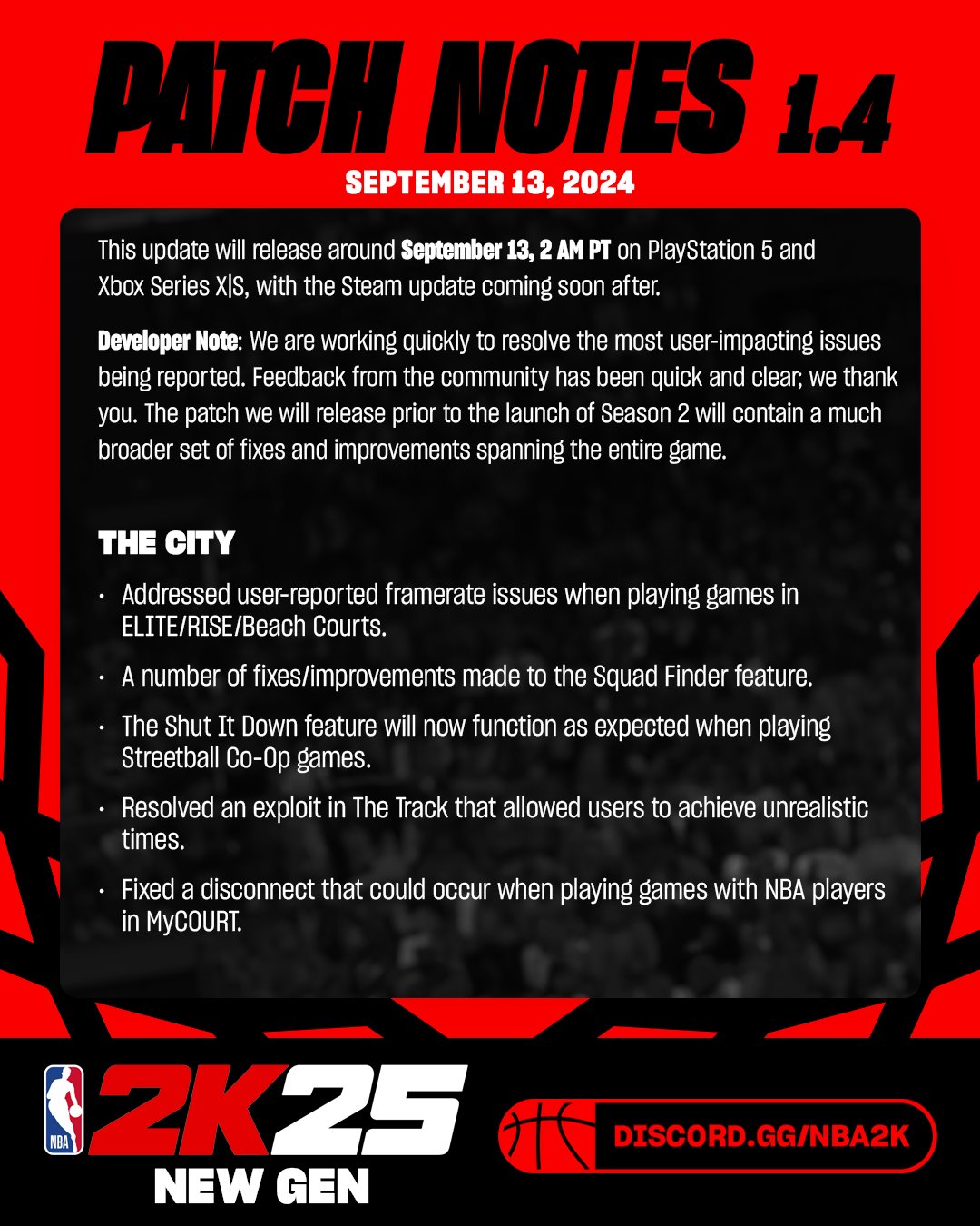 Evan on X: “#NBA2K25 Patch Notes (v1.4) September 13, 2024 Join