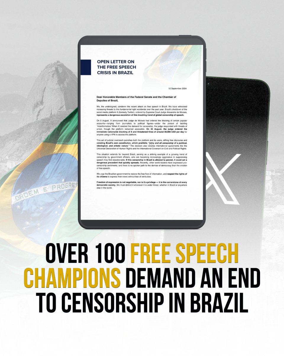 ADFIntl's tweet photo. 🎉 THANK YOU to the over 100 politicians, academics, thought leaders &amp; journalists who signed the letter demanding an end to Brazilian censorship and the ban on "X".

Join them in saying no to state censorship by signing our open letter 👉🔗 https://t.co/lLM4wGiMDW https://t.co/2Cos5Wdhdg