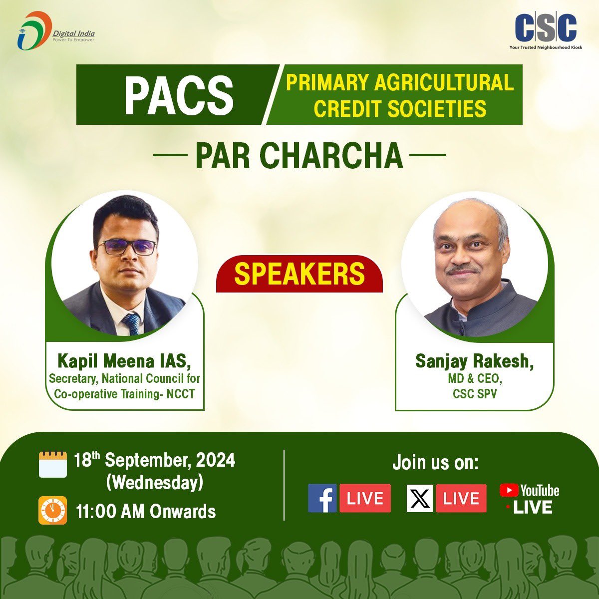 PACS PAR CHARCHA <a href="/CSCegov_/">CSCeGov</a>  <a href="/ceo_csc/">CEO_CSC e-Governance</a>  MD Mr. Sanjay Rakesh and Secretary Mr.Kapil Meena of <a href="/IASKapilmeena/">Kapil Meena,IAS</a> <a href="/ncct_institutes/">National Council for Cooperative Training</a> will give deep insight about PACS and CSC engagement.