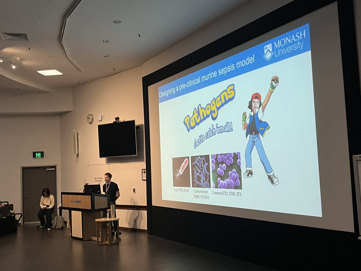 The “90’s kid” Cam from <a href="/MonashCID/">MonashCID</a> presenting his work on sepsis <a href="/ImmuMon/">ImmuMon</a> …. Super multi tasking being on the organising committee too!’