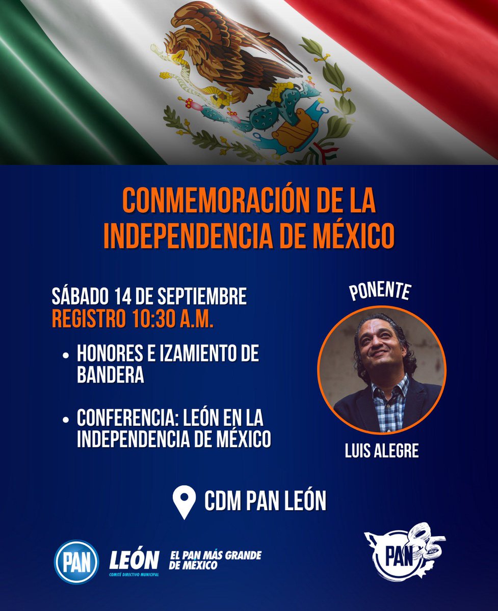 🔵Amigas y amigos militantes y simpatizantes PANistas, los esperamos este sábado 14 de septiembre en nuestra conmemoración de la independencia de México 🇲🇽, desde el Comité Directivo Municipal del PAN León 💙🤍. 

¡No faltes! 🫶

#ElPANMásGrandeDeMéxico🍞💙