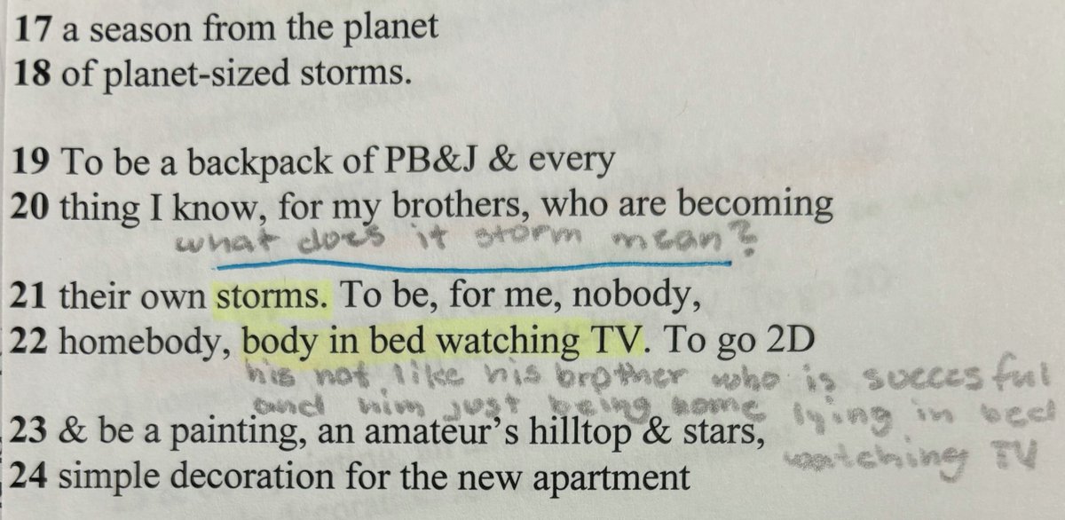 Dove into #TQE today (as always, 🙏 <a href="/MarisaEThompson/">Marisa Thompson</a>!) with sophomores and tried something completely new: the poem "When I Grow Up I Want to Be a List of Further Possibilities" by Chen Chen

Absolutely incredible poem + incredible #TQE start by students!