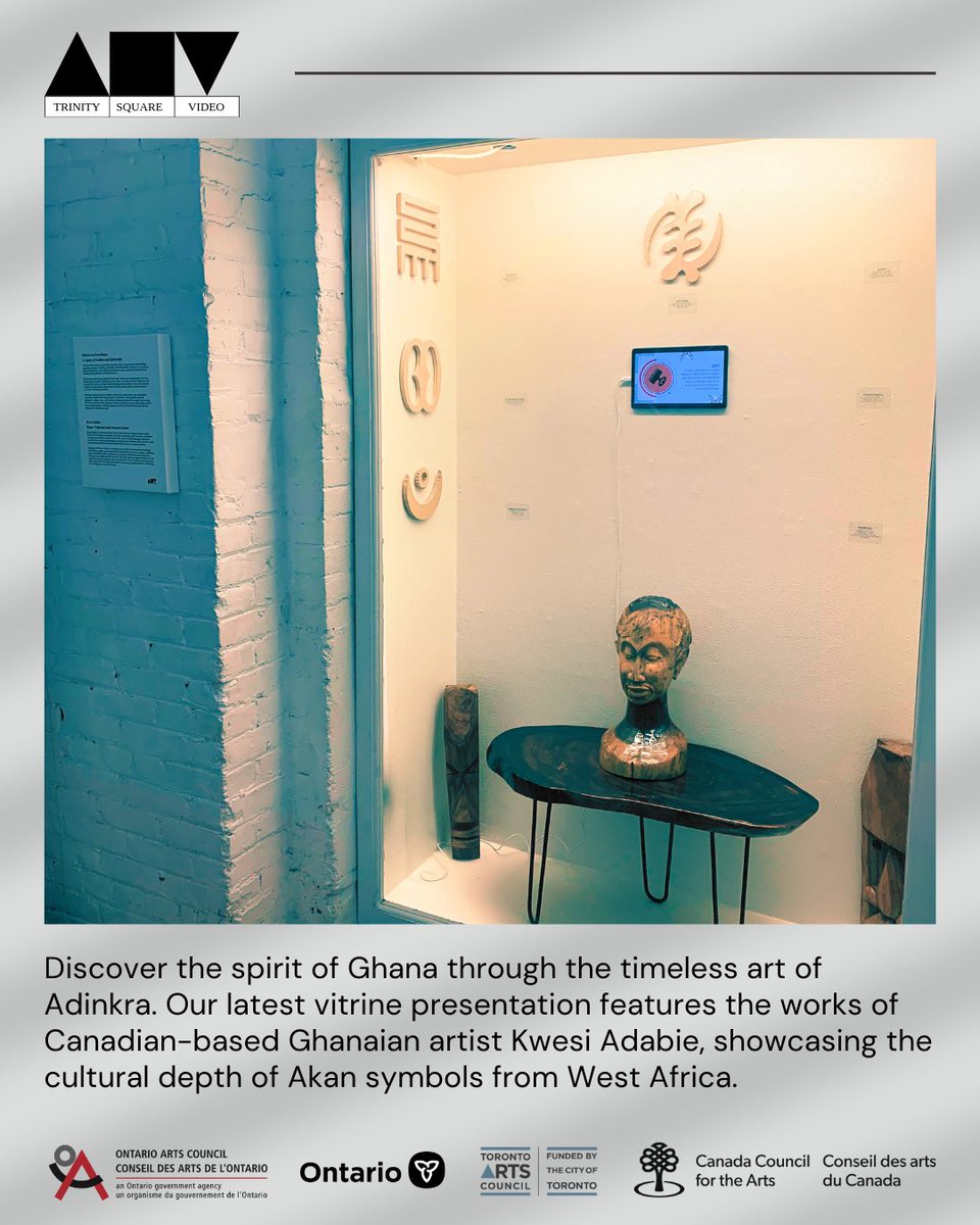 A picture of our latest vitrine presentation featuring the work of Canadian-based Ghanaian artist Kwesi Adabie, showcasing the cultural depth of Akan symbols from West Africa.