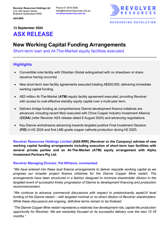 RevolverRes's tweet photo. $RRR secures A$550k in short-term loans + A$3M At-The-Market equity facility, providing working capital as Dianne Copper Mine restart finance discussions advance. Targeting H2 2024 FID and H2 2025 first Cu production.
➡️https://t.co/PtIHarLTrk
#RevolverResources https://t.co/sACsQYtPDQ