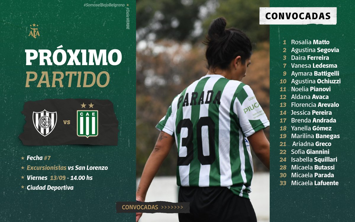 𝙃𝙊𝙔 𝙅𝙐𝙀𝙂𝘼 𝙀𝙓𝘾𝙐𝙍𝙎𝙄𝙊 🇳🇬

🆚 San Lorenzo
🗓️ Viernes 13 de septiembre
⏰ 14:00 hs
🏟️ Ciudad Deportiva

📄Lista de convocadas por Claudio Paz para enfrentar a San Lorenzo, mañana desde las 14 horas.

𝘿𝘼𝙇𝙀 𝙑𝙀𝙍𝘿𝙀

#SomosElBajoBelgrano 🇳🇬