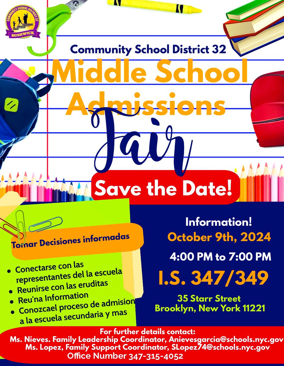 Community District 32 (@d32bushwick) on Twitter photo Share the news-D32’s Middle School Fair October 9th @IS 347K 🙌<a href="/ruxdanika/">Dr. Danika Rux</a> <a href="/DOEChancellor/">Chancellor Melissa Aviles-Ramos</a> <a href="/NYCSchools/">NYC Public Schools</a> <a href="/CECD32/">Community Education Council for District 32</a> Share the news-D32’s Middle School Fair October 9th @IS 347K 🙌<a href="/ruxdanika/">Dr. Danika Rux</a> <a href="/DOEChancellor/">Chancellor Melissa Aviles-Ramos</a> <a href="/NYCSchools/">NYC Public Schools</a> <a href="/CECD32/">Community Education Council for District 32</a>