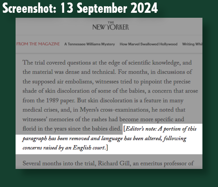 I wonder how many Lucy Letby Troofers have noticed that The New Yorker has quietly retracted part of its article?

"Concerns raised by an English court," eh? Well that's odd.

How can English courts influence a US publication? What happened to their sacred First Amendment?

(1/2)