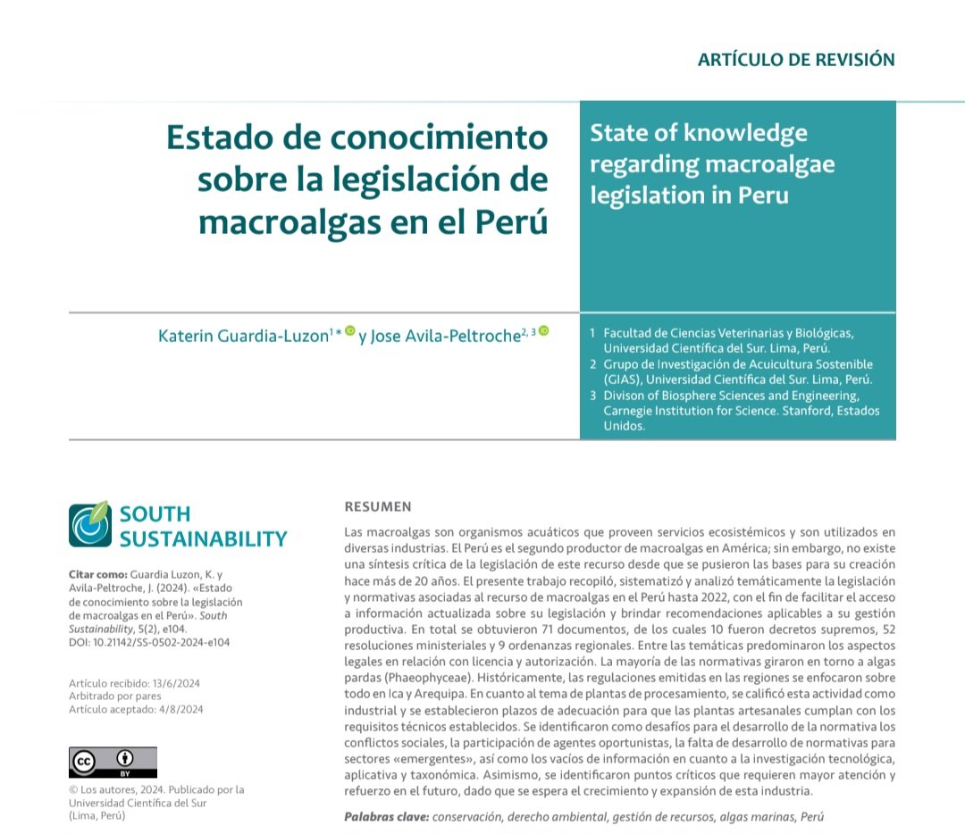 JoseAvilap89's tweet image. Small contribution to seaweed Peruvian legislation. Paper in Spanish but with English abstract

#phycology #Peru #algae #legislation #environment 

Link: revistas.cientifica.edu.pe/index.php/sout…