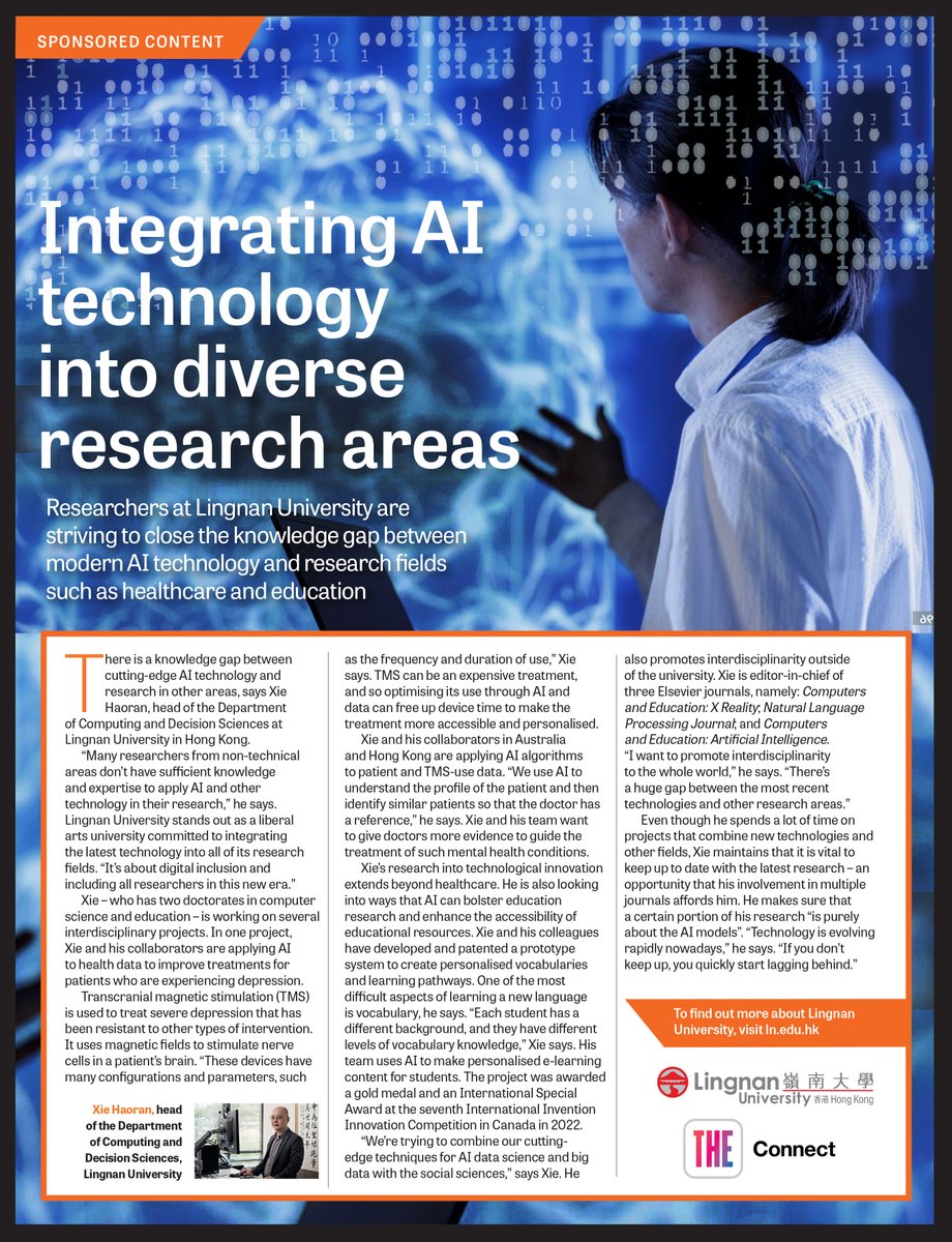 🌟 Researchers at Lingnan University are bridging the knowledge gap between AI technology and fields like healthcare and education!

Led by Dr. Xie Haoran, projects include using AI to optimize treatments for depression and creating personalized e-learning resources. 🧠📚

Xie
