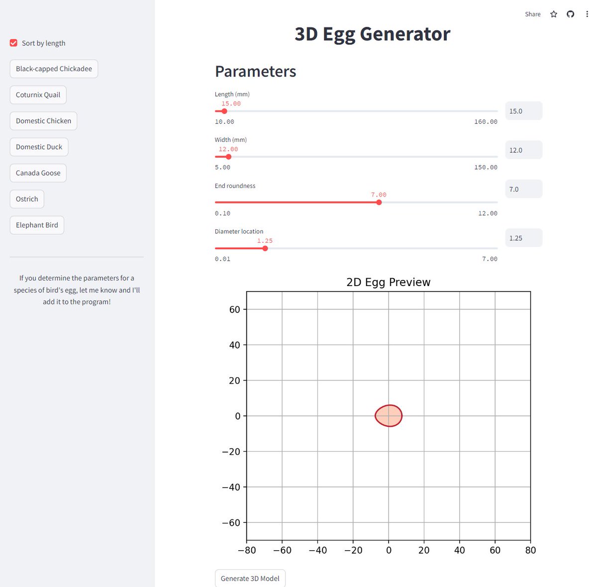 I spent the day today programming a tool that parametrically generates 3D files for bird eggs. Did anyone ask for this? 
no.
Will anyone find it useful?
maybe.
egg-generator.streamlit.app