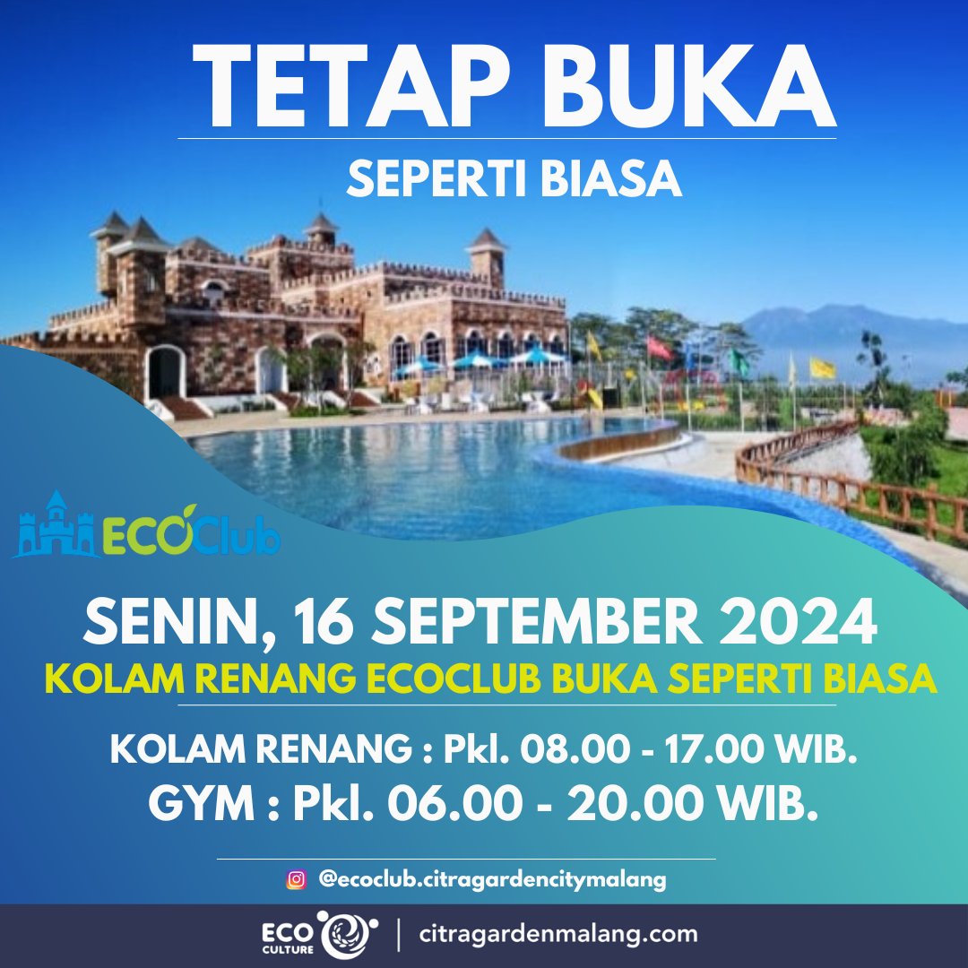 ecoclubCGCM's tweet photo. {SENIN,16 SEPTEMBER 2024 BUKA SEPERTI BIASA}
.
#maulidnabi #maulidnabimuhammadsaw #ecoclubkolamrenangmalang #ecoclubcitragardenmalang #kolamrenangecoclub #gym #ecoclubsportcenter #ecoclubgym #ecoclubcitragardencitymalang #ciputra https://t.co/WlmqHHqbdv