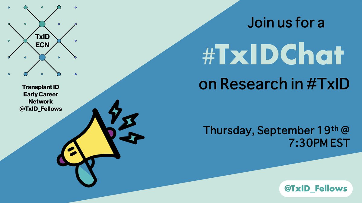 TxID Early Career Network (@txid_fellows) on Twitter photo You can admit it, you've missed <a href="/TxID_Fellows/">TxID Early Career Network</a>!
We are one week away from the next #TxIDChat, w/ our next topic, Research in #TxID!!
Come join your fav TID friends for a chat on Thursday, 9/19 at 730 EST!
Busy? - no worries, post anytime within 24 hrs to keep the convo going! You can admit it, you've missed <a href="/TxID_Fellows/">TxID Early Career Network</a>!
We are one week away from the next #TxIDChat, w/ our next topic, Research in #TxID!!
Come join your fav TID friends for a chat on Thursday, 9/19 at 730 EST!
Busy? - no worries, post anytime within 24 hrs to keep the convo going!