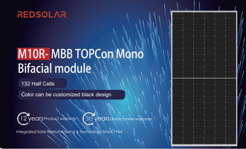 RedSolar2008's tweet image. ✍ Introducing the M10R-MBB TOPCon Mono Bifacial Module, delivering between 600W and 620W of output power with cutting-edge technology. 

 🎍Featuring 132 monocrystalline M10R cells, this module achieves an impressive 23% maximum efficiency. Learn more: red-solar.com/products-info/…