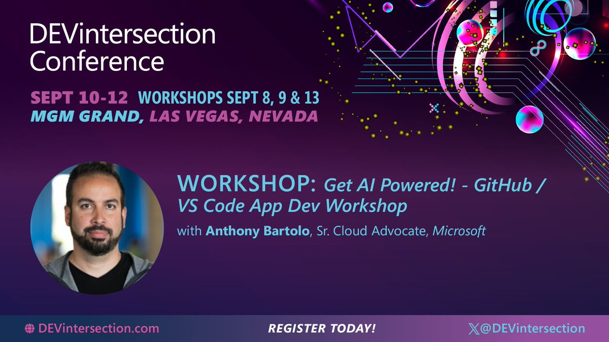 DEVintersection's tweet image. Anthony Bartolo leads AI-powered dev workshop at #DEVintersection tomorrow. Master GitHub Copilot, VS Code, and Codespaces. Hands-on experience with real-world projects. #AIProgramming See you in class.