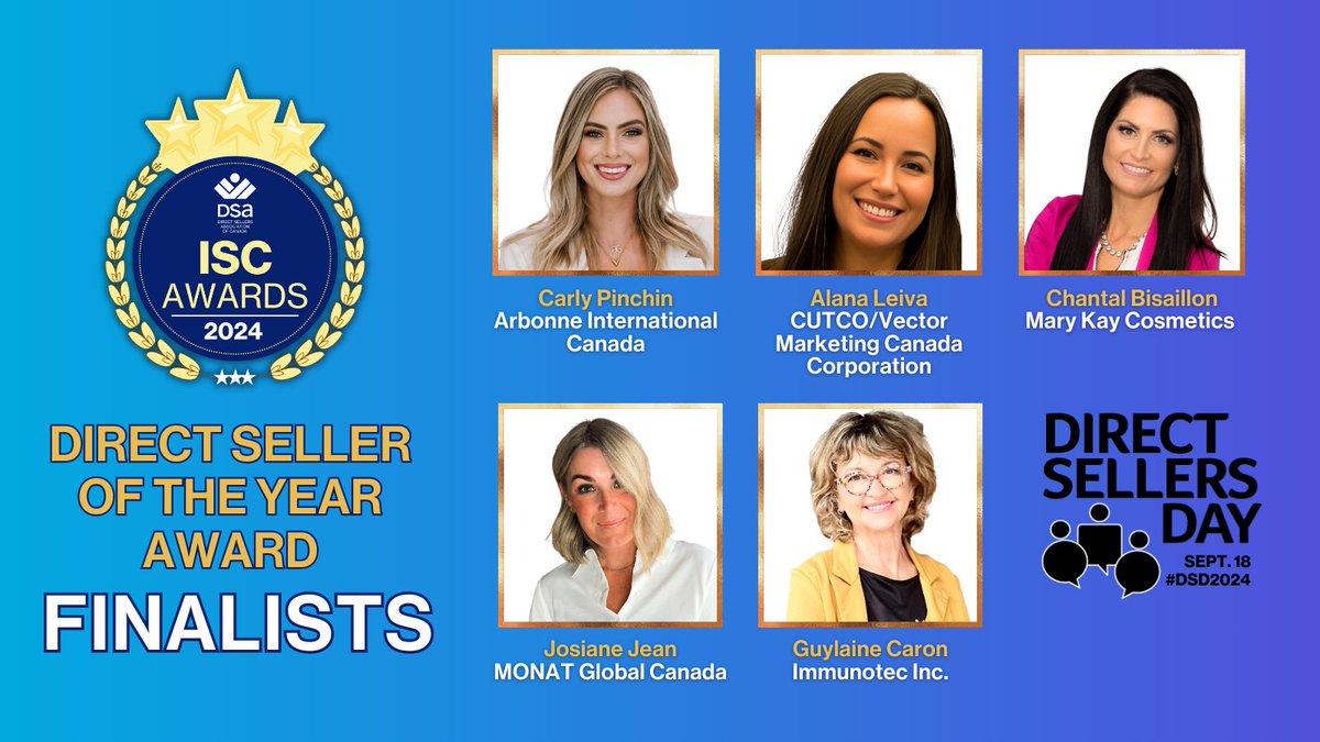 Congratulations to our Direct Seller of the Year Award finalists!⁠

⭐️Alana Leiva – <a href="/VectorMarketing/">Vector Marketing</a>

⭐️Carly Pinchin – <a href="/arbonne/">Arbonne</a>
⁠
⭐️Guylaine Caron – <a href="/Immunotec_Info/">Immunotec Immunocal</a>
⁠
⭐️Chantal Bisaillon - <a href="/MaryKay/">Mary Kay</a>
⁠
⭐️Josiane Jean – <a href="/MONATOfficial/">MONAT</a>