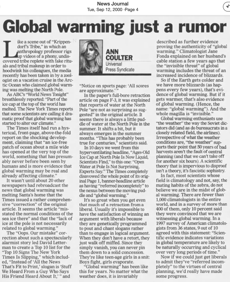 JunkScience's tweet photo. 24 years ago today, the great @anncoulter nailed it on climate:

"A scientific theory that is impervious to disproof isn't a theory, it's a fascistic sophistry." https://t.co/E3Up4zNgmz