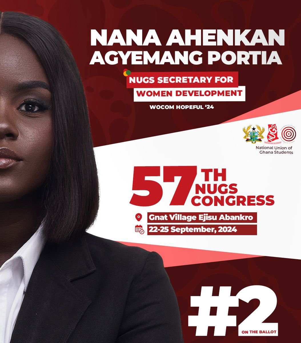 🇦🇹AHENKAN 4 NUGS WOCOM🇦🇹

With exactly one week to the 57th NUGS Congress, this is the time to prioritize the interests of students.

A vote for my candidature is the first step
to advancing the cause of empowering the female Ghanaian student

      Road2️⃣Victory — Let’s Hunt❗️❕
