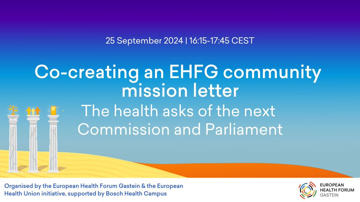 GasteinForum (@gasteinforum) on Twitter photo 🗓️ On Sept 25, contribute to shaping Europe’s health priorities at the #EHFG2024. We’re co-creating a mission letter for the new European Commission & Parliament. Your voice counts. Organised by <a href="/GasteinForum/">GasteinForum</a> & <a href="/EHUInitiative/">European Health Union Initiative</a>, w/ support from @RBIG_BHC 👉 buff.ly/4faGkV3 🗓️ On Sept 25, contribute to shaping Europe’s health priorities at the #EHFG2024. We’re co-creating a mission letter for the new European Commission & Parliament. Your voice counts. Organised by <a href="/GasteinForum/">GasteinForum</a> & <a href="/EHUInitiative/">European Health Union Initiative</a>, w/ support from @RBIG_BHC 👉 buff.ly/4faGkV3