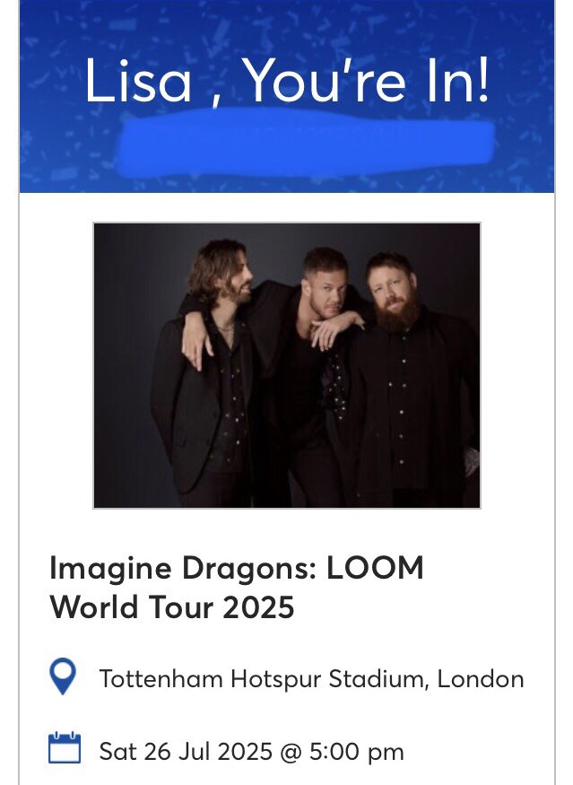 We managed to get album presale tickets for me and my daughter on Tuesday for the only <a href="/Imaginedragons/">Imagine Dragons</a> gig in UK next year 🙌🙌 but my god <a href="/TicketmasterUK/">ticketmasteruk</a> bloody ages you in the process but another bucket list band to see live so so excited for this 🙌🙌