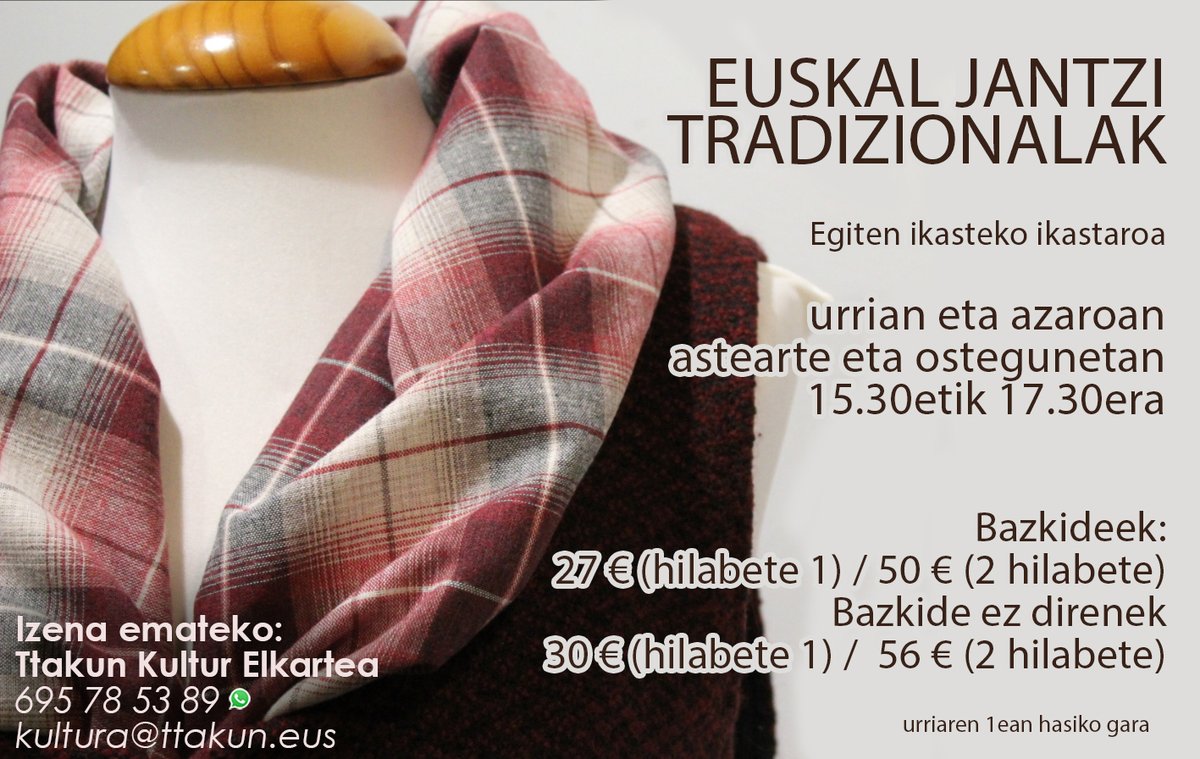 Jantzi tradizionalak egiten ikasteko ikastaroan izena emateko epea ireki dugu!!

Izena eman eta informazioa eskuratu nahi dutenek kultura@ttakun.eus | 695 78 53 89 telefono zenbakira deitu edo (WhatsApp) idatzi behar dute.

#jantzitradizionalak #lasarteoria #euskara #ikastaroa