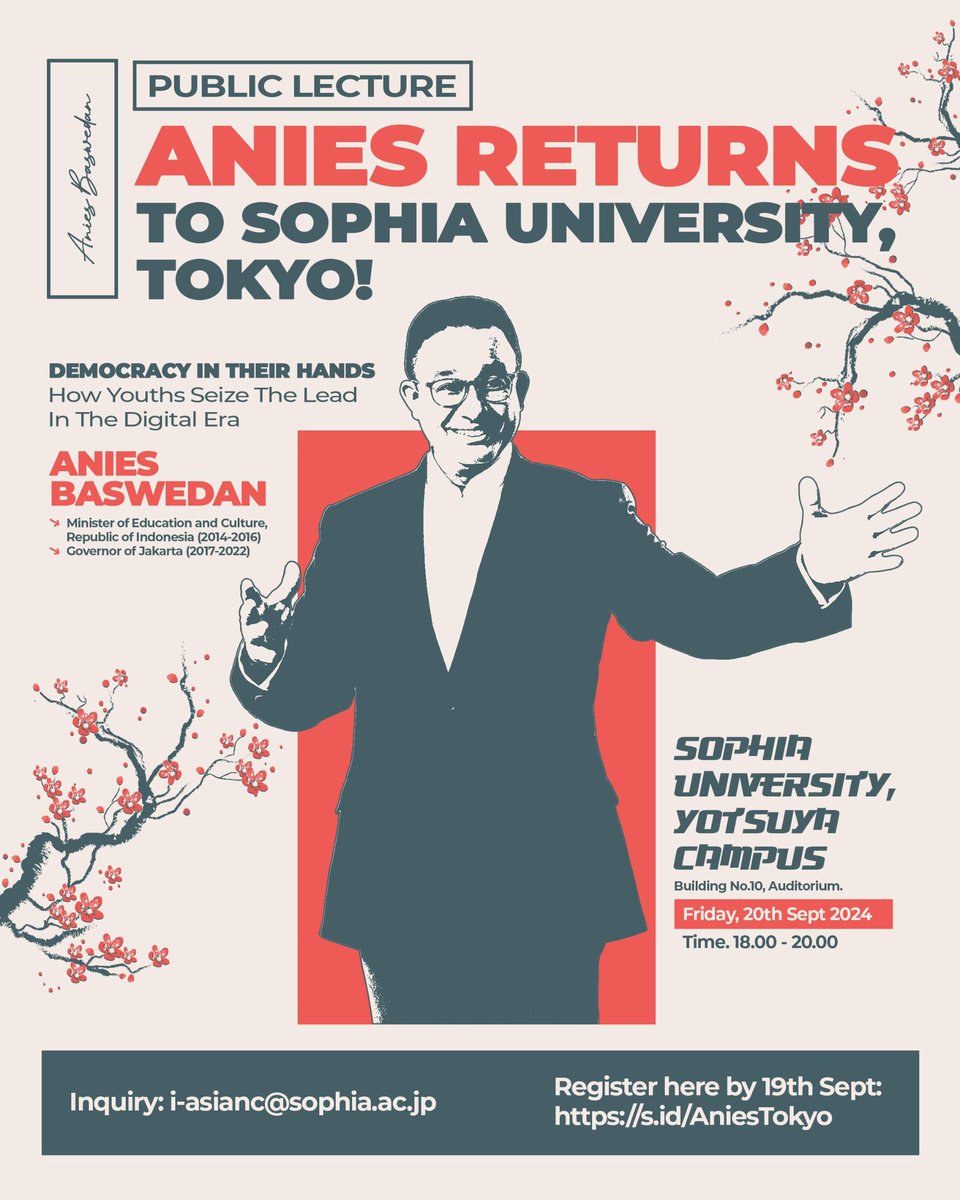 aniesbaswedan's tweet photo. Akan pulang kampus ke Sophia University di Yotsuya, Tokyo, Jumat malam pekan depan.

Dulu di tahun 1993 berkesempatan mengikuti kuliah Musim Panas melalui JAL Scholarship Program di kampus ini. Bisa ikut program itu karena ikut lomba karya tulis bidang lingkungan hidup.

Masih ingat dulu menulis, judulnya: How Economy & Ecology Walk Together - Pursuing Sustainable Development. Makin ke sini topiknya ternyata makin relevan dan makin mendesak dipikirkan.

Tapi untuk di Sophia nanti, rencananya akan memberikan kuliah umum bertema demokrasi dan anak muda bagi akademisi dan mahasiswa Jepang. Akan senang jika teman-teman Indonesia di Tokyo bisa ikutan juga. Khususnya teman-teman muda dan mahasiswa, yuk tukar pikiran soal demokrasi.

Sampai jumpa Jumat depan di Tokyo!