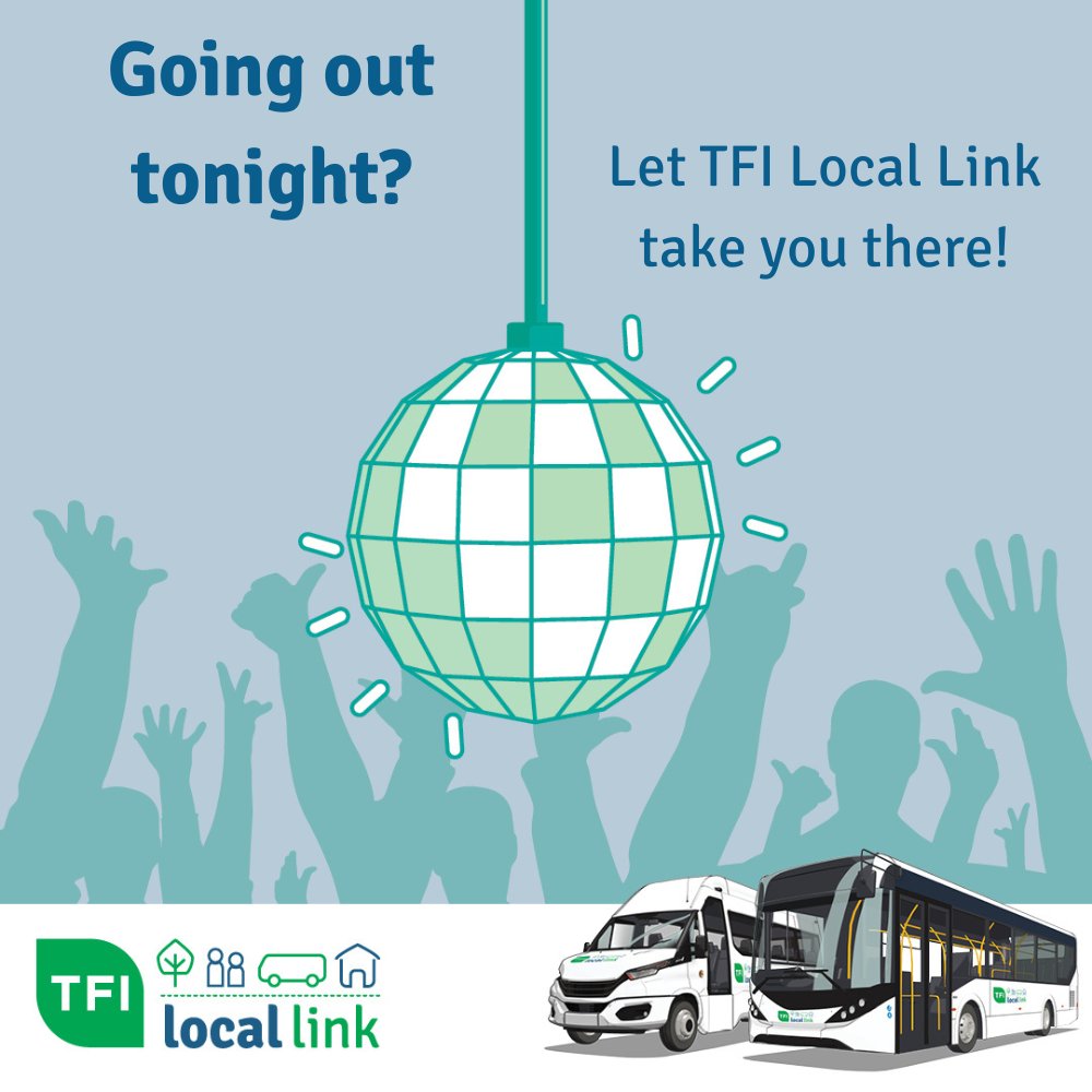 Locallinklmf's tweet photo. 🥳 Going out tonight?

TFI Local Link offers reliable evening &amp; weekend bus services.

Save 30% on your bus fare with #TFILeapCard on eligible services and travel for less with #TFILocalLinkLMF!

#FreeTravelPass accepted &amp; under 5s travel free!

#TFIUpdates https://t.co/E6frkVYfmm