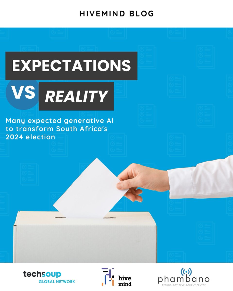 PhambanoTech's tweet image. Expectations vs reality: Many anticipated that generative AI would revolutionise South Africa's 2024 election. But did it live up to the hype? 
Read more to find out: buff.ly/4dbiHtm 
#MediaLiteracy #ThinkCritically #FreeBlog #HiveMind #TechSoupGlobalNetwork #Elections