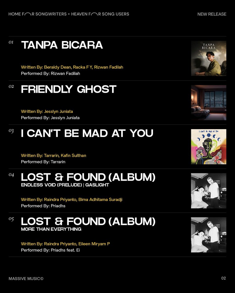 MassiveMusicEnt's tweet image. Bingung nyari lagu-lagu Indonesia terbaru untuk keperluan project kreatif kamu? Massive Music punya lagu-lagu terbaru dari penulis lagu handal kami yang siap mengiringi proyek kreatif. Cek sekarang dan kami tunggu DM nya untuk lisensi lagunya ✍️🤝 #NewRelease #CreativeProjects