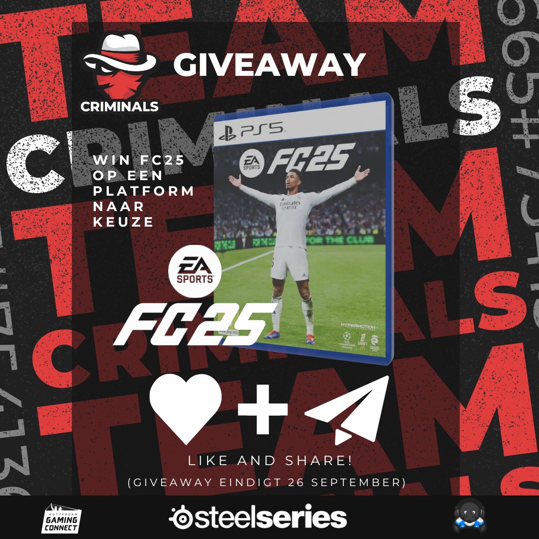 🔴Giveaway EA FC 25🔴

To celebrate that Criminals is expanding we are throwing in a giveaway! 

How to enter:
✅ Follow like and Retweet 
✅ Tag 2 teammates

Winner will be announced on Friday 20 september!

<a href="/SteelSeries/">SteelSeries</a> <a href="/EASPORTSFC/">EA SPORTS FC</a>
#FC25 #EAFC25 #Gaming #Esports #Giveaway