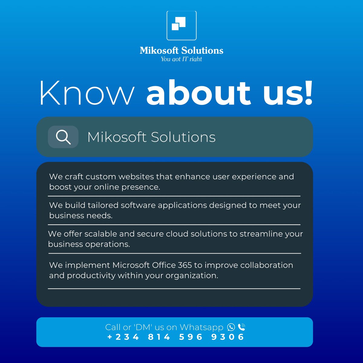 mikosolution's tweet photo. Know about us!
We are professionals with years of working experience in delivering professional, packaged and working solutions to our clients across various aspects of IT and event management. Contact us today @mikosoftsolution 

#knacking Covenant University Hamster combat Tyla https://t.co/nf2DLUFrjg