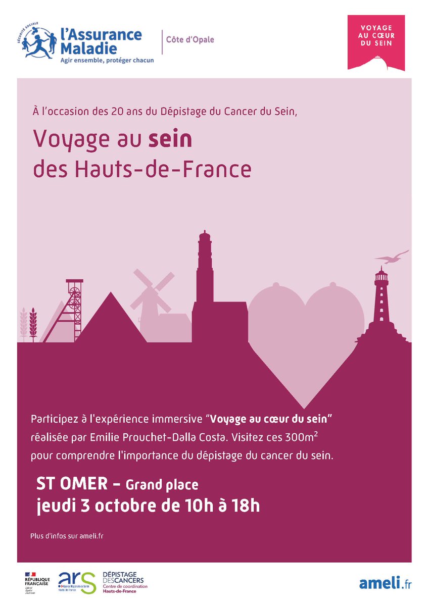 cpam_62's tweet photo. 📅Venez nous rencontrer jeudi 3 octobre pour un #voyageaucoeurdusein à Saint-Omer - Place Foch.
Au programme : conférences, ateliers, et échanges avec des professionnels de santé pour mieux comprendre et prévenir les risques.   #Santé #Prévention #VoyageAuCoeurDuSein https://t.co/vZwkjY2vHh