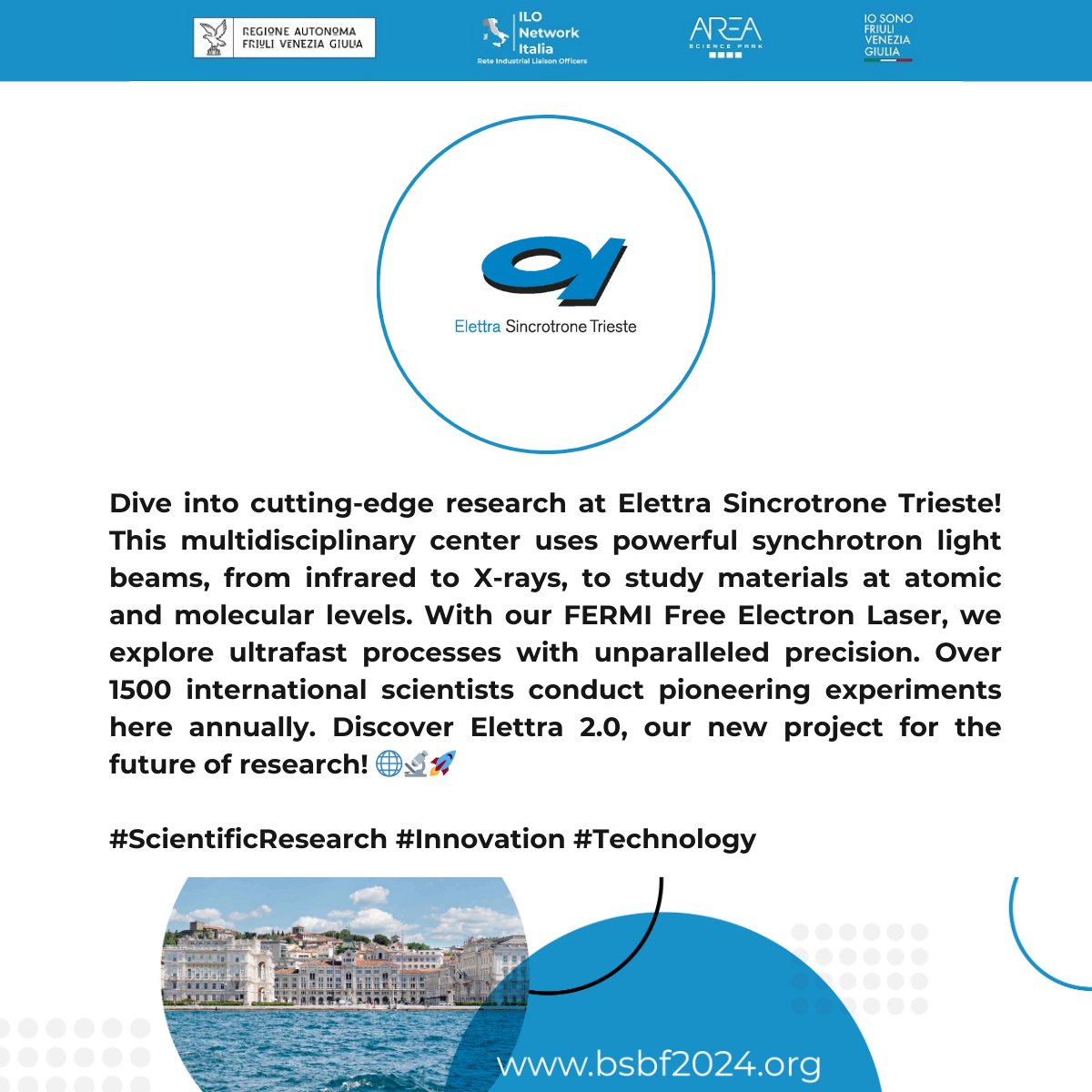 BSBF2024's tweet photo. 👀#InsideBSBF: Discover the key players of #BSBF2024 with us!
📍Today we present ABSOs - Affiliated Big Science Organizations.
🌟Featured: Elettra Sincrotrone Trieste @elettra_ilo 

Join us in Trieste, October 1-4, 2024
ℹ️https://t.co/nIhv9PqViY

#ABSOs #RegioneFVG @regioneFVGit https://t.co/VUf1t7ueek