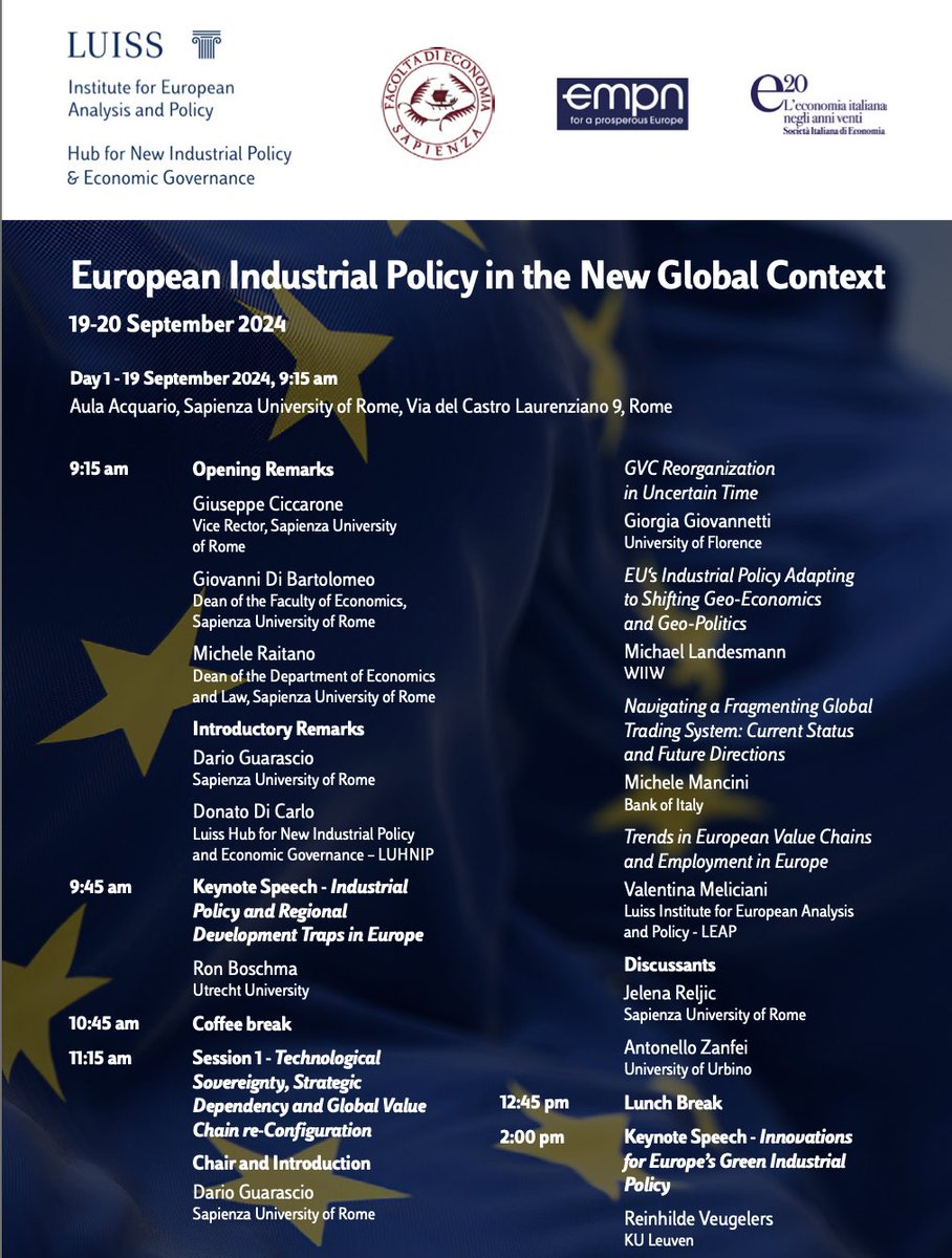 reljic_'s tweet photo. Join us for the International Conference on European Industrial Policy in the New Global Context

📅 19-20 Sept | Join us in person or online!

Register &amp; check the programme: https://t.co/2QtWVDQ6M3

Organised by @UniLUISS &amp; @SapienzaRoma.

cc @donadica @kekkoze @DZurstrassen https://t.co/ElCJoSmQaO