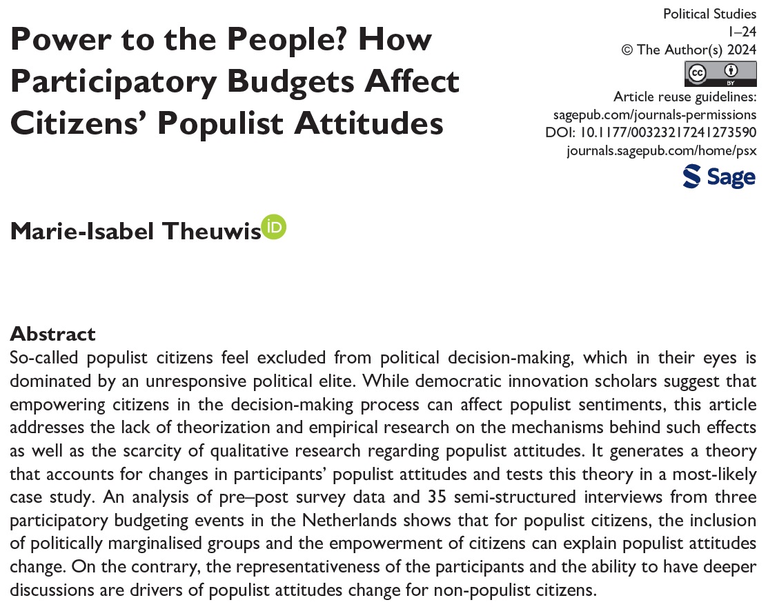 Marie-Isabel Theuwis (@marietheuwis) on Twitter photo ❓ How do dissatisfied citizens experience a participatory process❓
In this article in <a href="/PolStudies/">Political Studies</a> based on 35 interviews, I find that highly populist citizens pay special attention to whether authorities take citizens and their decisions seriously. 1/4🧵journals.sagepub.com/doi/10.1177/00… ❓ How do dissatisfied citizens experience a participatory process❓
In this article in <a href="/PolStudies/">Political Studies</a> based on 35 interviews, I find that highly populist citizens pay special attention to whether authorities take citizens and their decisions seriously. 1/4🧵journals.sagepub.com/doi/10.1177/00…