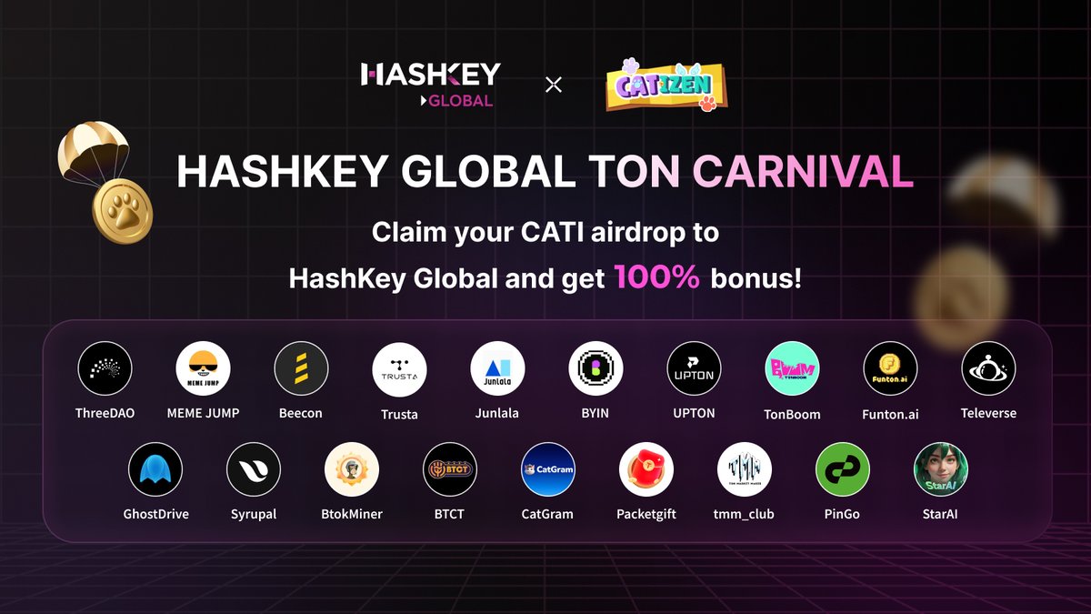 🎉 HashKey Global TON Carnival is LIVE! 🎉   

We team up with 19 amazing projects from the $TON ecosystem to bring you double $CATI airdrops!    

🌟 Catizen users: Claim your $CATI airdrop to HashKey Global and get a 100% bonus, up to 300 $CATI!  
🌐 TON partners are working