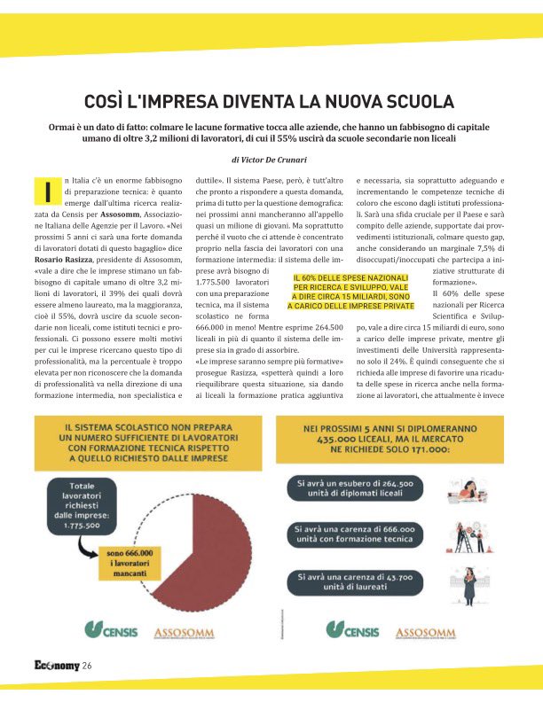 Formazione tecnica: parola chiave per le sfide future del Paese. Nei prossimi 5 anni serviranno 3,2 mln di lavoratori, il 55% con #competenzetecniche. Le aziende chiamate a diventare piccole università per supportare il gap con il mondo della #scuola. <a href="/FonteCensis/">Censis</a> su <a href="/Economy_Mag/">EconomyMagazine.it</a>