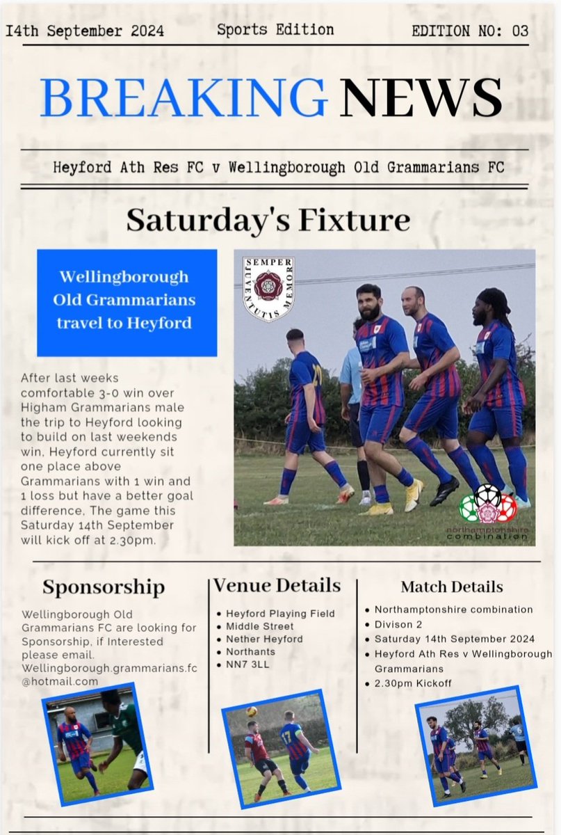 Next Match
Saturday 14th September
Heyford Ath Res v Wellingborough Grammarians
2.30 Kickoff
Heyford Playing Field, Middle Street, Nether Heyford, NN7 3LL