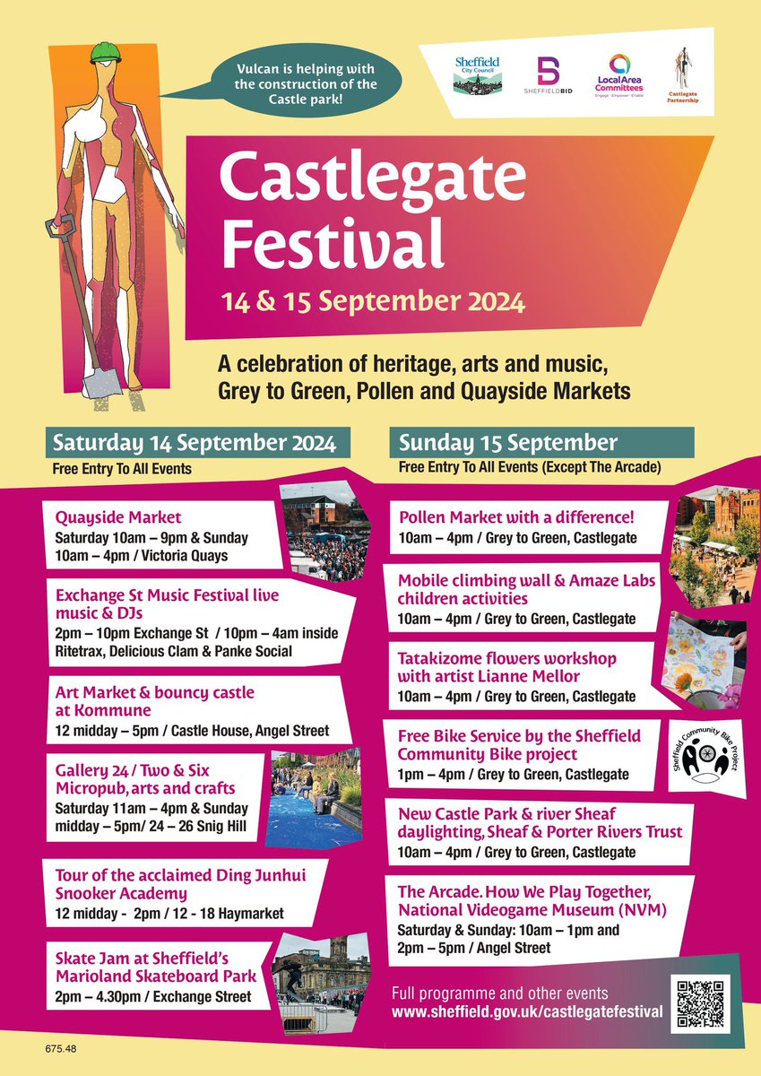 VisitSheffield's tweet image. Celebrating Sheffield’s oldest quarter! The eighth edition of Castlegate Festival is set to take place this weekend, 14 -15 September.

There’s lots going on including the return of Quayside Market, @pollenmarket’s 3rd birthday, Skate Jam, street art, a mini music festival,…