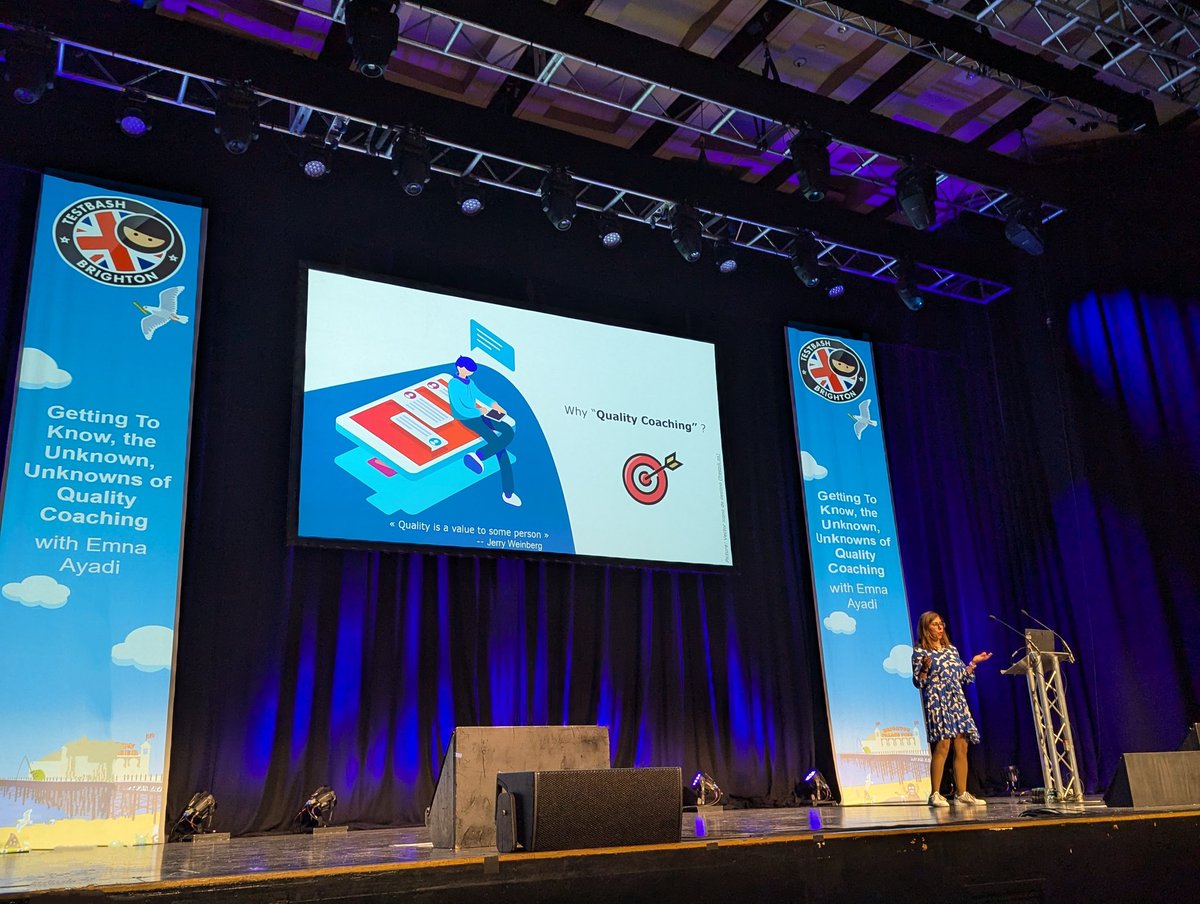 davadora's tweet image. TestBash 2024 day 2 underway in Brighton with Emna Ayadi speaking on life as a quality coach... #testbash #ministryoftesting