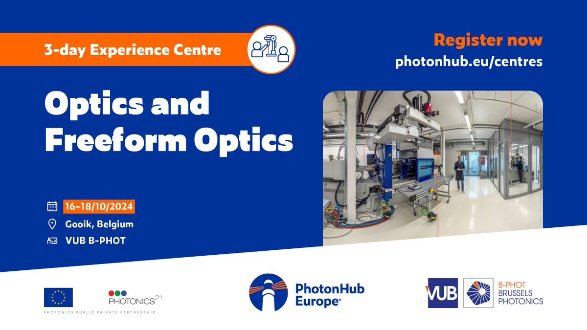 PhotonHub (@photonhub) on Twitter photo 📢 <a href="/BPhotVub/">B-PHOT Brussels Photonics</a> Brussels Photonics is organising a 3-day #PhotonHub Experience Centre about Optics and Freeform Optics.
📅 16–18 October 2024
📍 Gooik, Belgium
👉 buff.ly/3B6Dl02
#Prototyping #Replication #Ecosystem #Equipment 📢 <a href="/BPhotVub/">B-PHOT Brussels Photonics</a> Brussels Photonics is organising a 3-day #PhotonHub Experience Centre about Optics and Freeform Optics.
📅 16–18 October 2024
📍 Gooik, Belgium
👉 buff.ly/3B6Dl02
#Prototyping #Replication #Ecosystem #Equipment