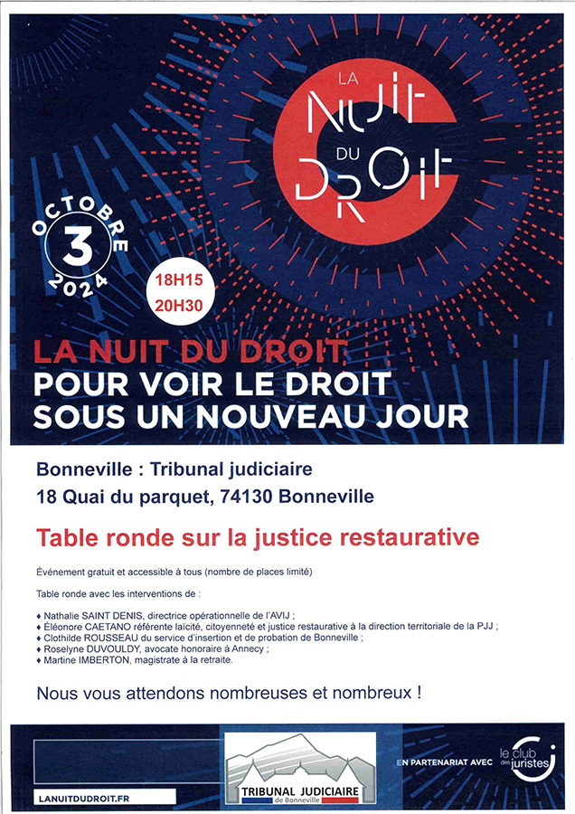Nuit du #droit
Nouvelle édition de ce rendez-vous pour voir le droit sous un nouveau jour, jeudi 3 octobre à 18h15 au tribunal judiciaire de Bonneville.