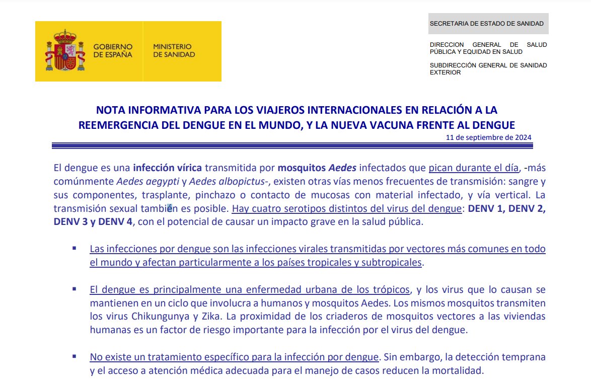 📄Nota informativa de <a href="/sanidadgob/">Ministerio de Sanidad</a> para los viajeros internacionales en relación a la reemergencia del dengue en el mundo y la nueva vacuna frente al dengue.

sanidad.gob.es/areas/sanidadE…