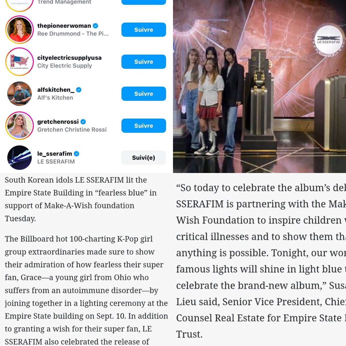 sserapics's tweet photo. LE SSERAFIM is partnering with the Make a Wish Foundation to inspire children with critical illnesses and to show them that anything is possible. LE SSERAFIM granted their first-ever wish to Grace, a devoted fan from Ohio who battling an autoimmune disorder! https://t.co/JGCi4v4CO5