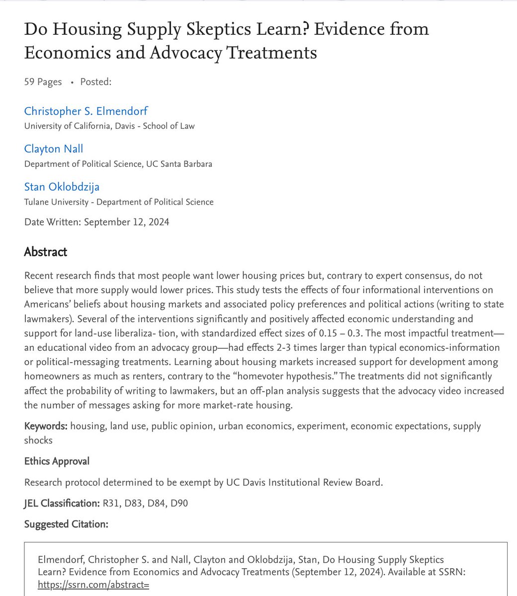 🥳New paper!  "Do Housing Supply Skeptics Learn?"🎆 

Yessir, they do! 

And when they do, they become *much* more supportive of market-rate housing development.

1/🧵

papers.ssrn.com/sol3/papers.cf…