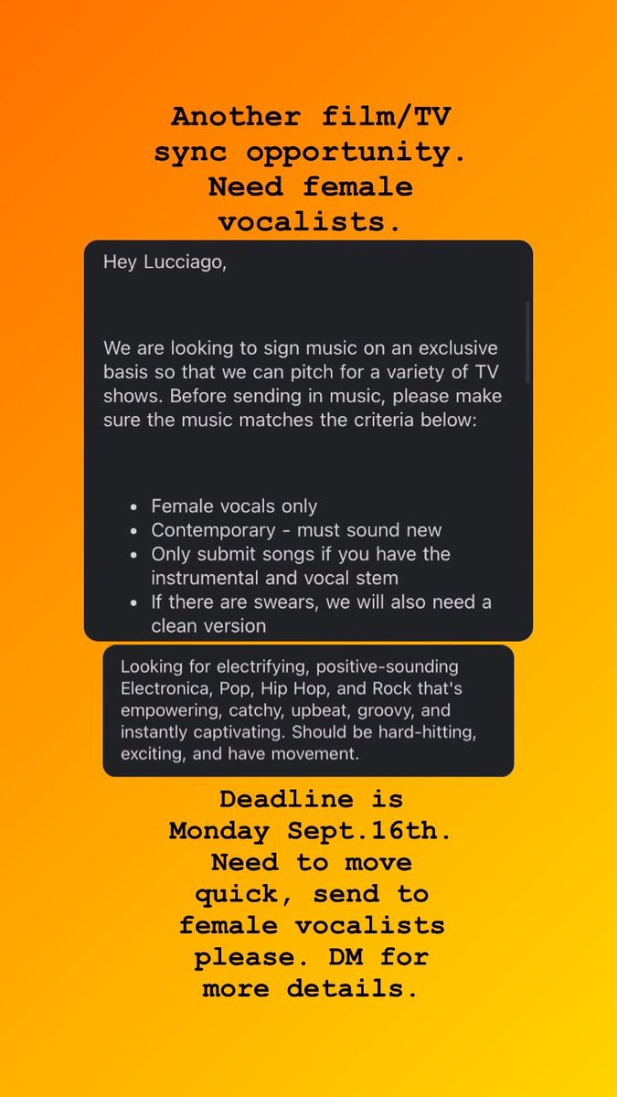 lucciago's tweet image. Need female vocalists for a film/TV sync opportunity. Share with an artist that you think would be a good fit for the criteria.