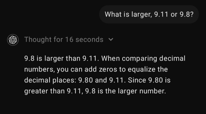 bertaunth's tweet photo. @YiMaTweets I'm not sure I agree. The reasoning step is just probabilistic, so it doesn't always yield the same answer. If I regenerate the response enough times, I'll eventually get some distribution of how many times it says 9.11 > 9.8 and the number of times it concludes 9.8 > 9.11. https://t.co/00YjYG4EKh
