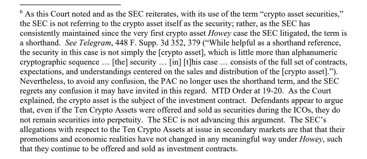 "The SEC regrets any confusion it may have invited" by falsely and repeatedly stating that tokens themselves are securities. This is the remarkable representation in Footnote 6 of <a href="/SECGov/">U.S. Securities and Exchange Commission</a>'s Amended Complaint against Binance. I hope <a href="/s_alderoty/">Stuart Alderoty</a> is getting some good sleep tonight.