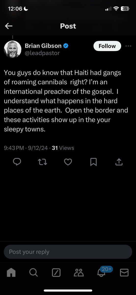 CQueenbeejdl's tweet photo. Look at this man right here with his photo and name right there saying he’s a PASTOR yet posting this racist disgusting vomitus straight from the depths of a right wing fever dream. He should be ashamed of himself. He’s talking about cannibalism. Step down from the pulpit. https://t.co/nYzicBwpZq