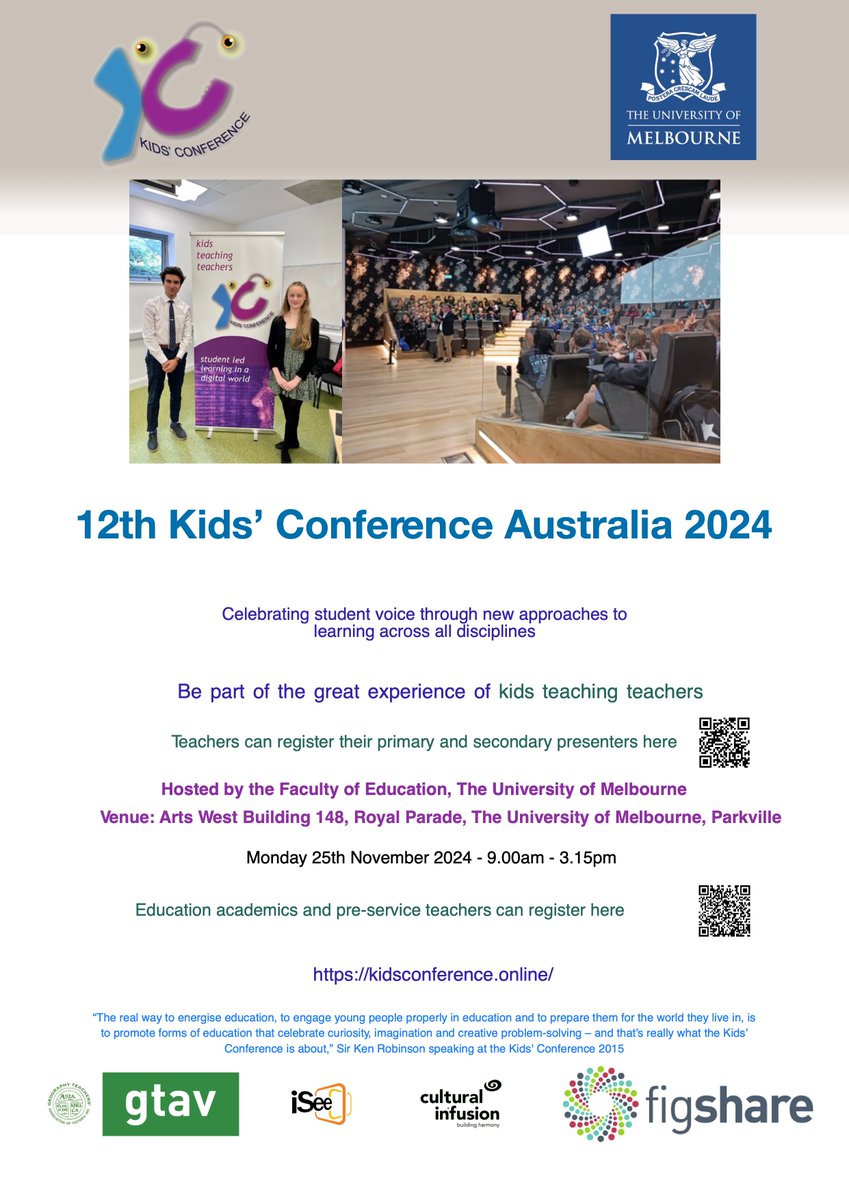 Considered a project for the 12th Kids' Conference Australia 2024 on 25 Nov ? Teachers can register their students here shorturl.at/bj29R &amp; education academics and pre-service teachers can register here as audience attendees lnkd.in/gDKGcJS2
@EduMelb @UniMelb