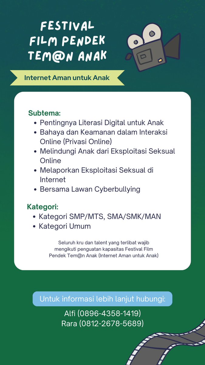 ECPAT Indonesia bersama dengan KemenPPPA dan KOMPAK Jakarta berinisiatif untuk membuat Festival Film Pendek Tem@an Anak 2024 yang bertema "Internet Aman untuk Anak". Yuk, jangan ragu buat ikutan dan dicatat ya tanggal pentingnya!🌐👧👦

#KLIKAMANBERSAMA #FestivalFilmPendek